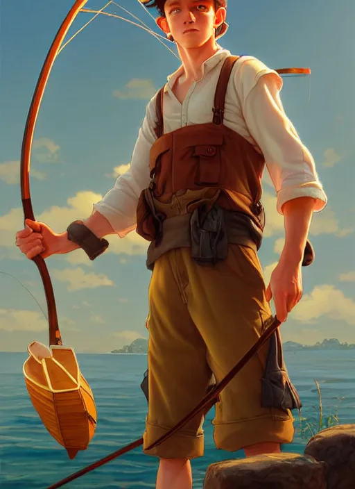 Image similar to cute fisherman tom holland, natural lighting, path traced, highly detailed, high quality, digital painting, by don bluth and ross tran and studio ghibli and alphonse mucha, artgerm