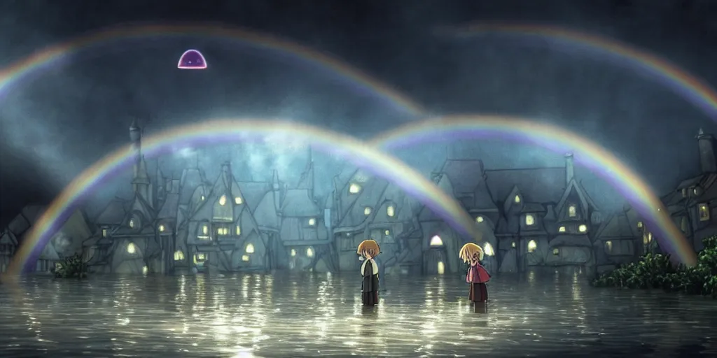 Prompt: a realistic and atmospheric cell - shaded concept art from howl's moving castle ( 2 0 0 4 ) of a rainbow colored ufo landing on the ground. a grey monk is standing in a flooded parking lot. it is a misty starry night. very dull muted colors, hd, 4 k, hq