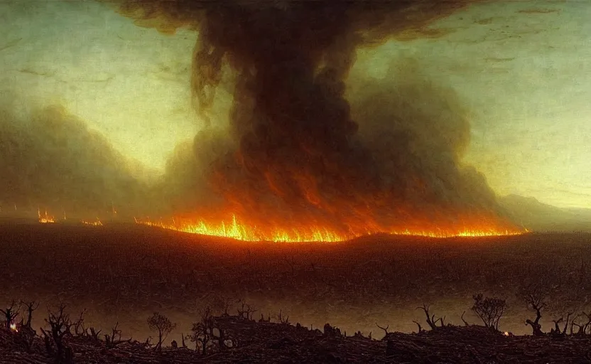 Prompt: a plague of locusts over burning forest. desolate landscape. fields on fire. greg rutkowski gustave dore caspar david friedrich dystopian hyperdetailed landscape. millions of tiny locusts in the sky