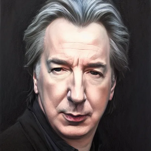 Image similar to portrait of Alan Rickman, detailed, centered, digital painting, artstation, concept art, by donato giancola, Sean Yoro, Greg Rutkowski, trending on Artstation, Joseph Christian Leyendecker, WLOP, Boris Vallejo, dark, moody, foggy