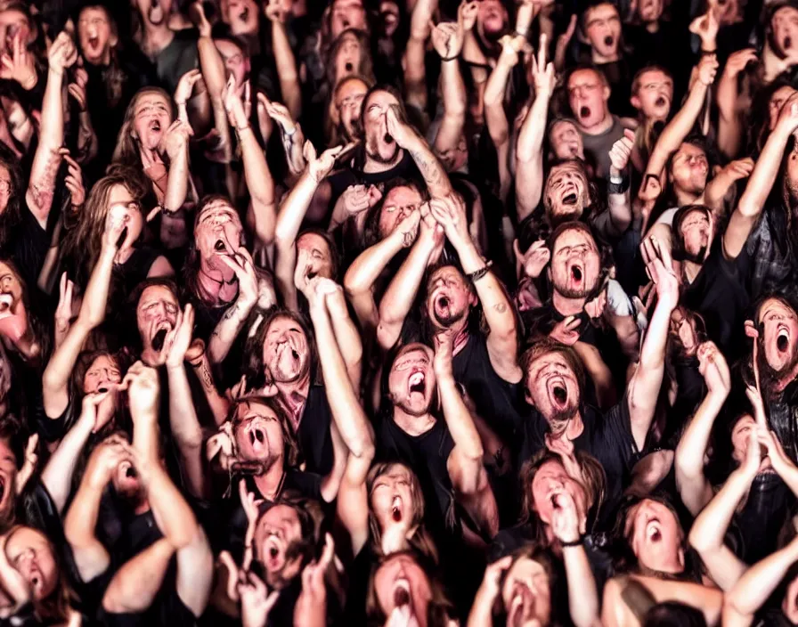 Prompt: close up photo of the audience at a heavy metal concert having their faces melted off by heavy metal music