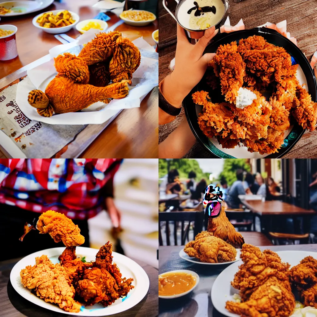 Prompt: a rooster eating fried chicken, mouthwatering, food photography