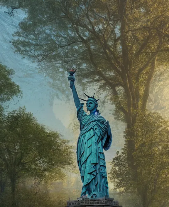 Prompt: highly detailed digital matte painting of a Lady Liberty statue covered in leaves and nature with overgrowth Full shot. By Raphael LaCoste and Ruan Jia and Robert McCall, postcyberpunk, geodesic dome, hyperdetailed, sunrise, wide shot, autochrome, octane render