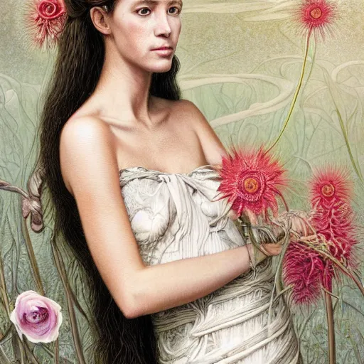 Image similar to facial portrait of a young pretty woman in flowing dress, arrogant, mysterious, long fine flowing hair, delicate, looking at camera, slightly awkward smile, realistic face, hands behind back, intricate, stylish, elegant, grimdark fantasy, flowers, extremely detailed painting by Martine Johanna and Ernst Haeckel and Greg Rutkowski