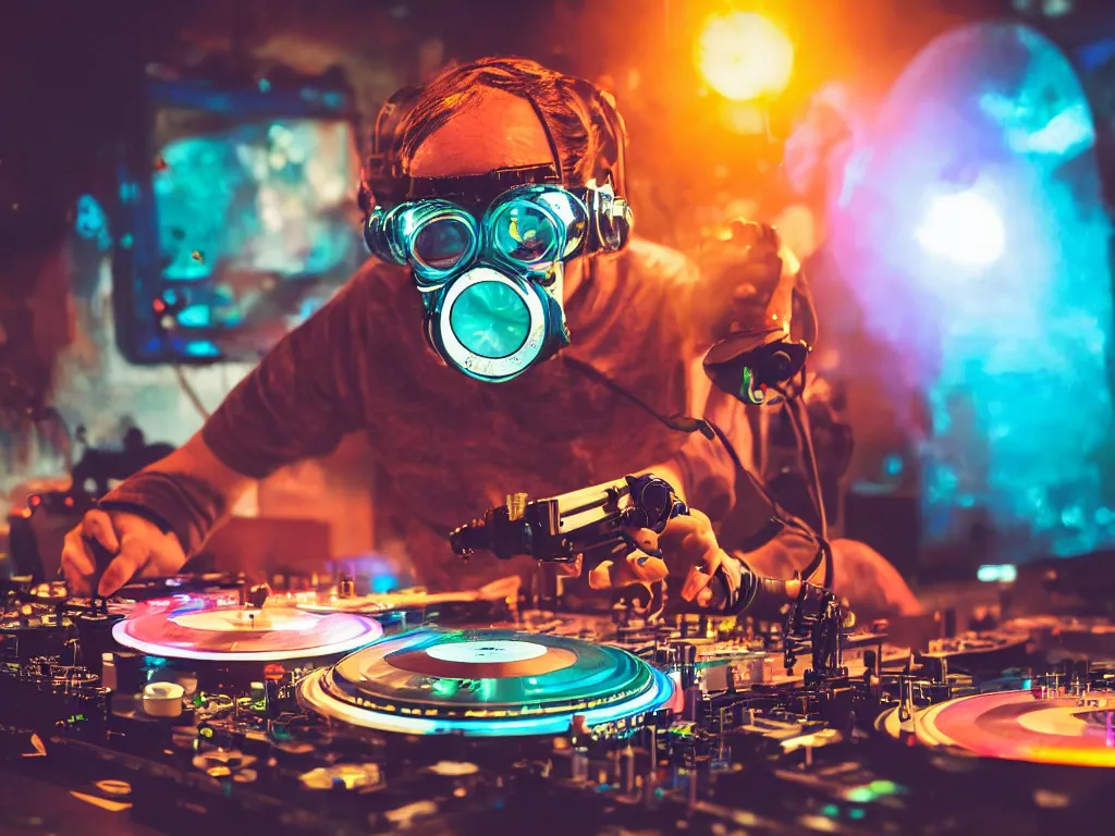 Image similar to a person wearing goggles and visor and headphones using a steampunk record player contraption, wires and tubes, turntablism dj scratching, intricate planetary gears, cinematic, imax, sharp focus, leds, bokeh, iridescent, black light, fog machine, hazy, lasers, hyper color digital art, cyberpunk