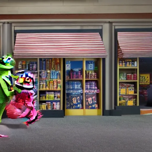 Prompt: Evil dark crime Sesame Street Muppets rob a convenience store on the main street