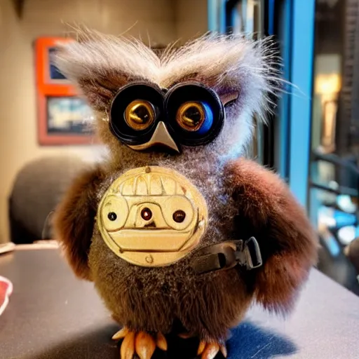 Prompt: a fluffy steampunk furby at the art deco cafe, pixar style