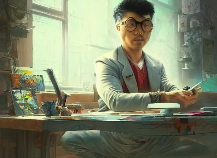 Image similar to an insanely detailed painting of an asian man wearing a homemade superhero costume, sitting at a desk, staring seriously at the computer and typing, in the style of peter mohrbacher, james jean, artgerm, dramatic lighting and composition, surreal background, octane render, pixar, trending on artstation, concept art, comic book, view from behind, 8 k