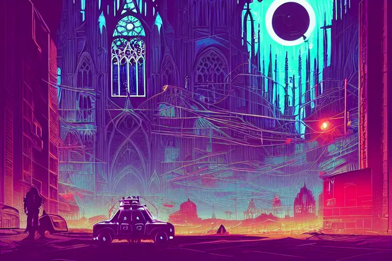 Prompt: a gothic cathedral dan mumford and josan gonzalez and simon stalenhag, cyberpunk, vibrant, utopian, police drones, neon signs, high contrast