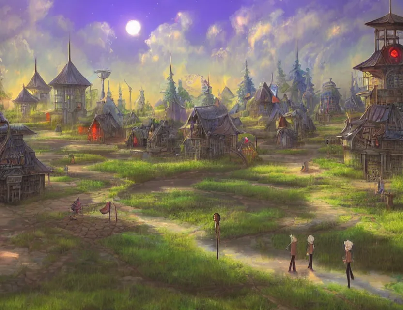 Prompt: futuristic fantasy village at a mire. this air brush painting by the award - winning anime artist has an interesting color scheme, plenty of details and impeccable lighting.