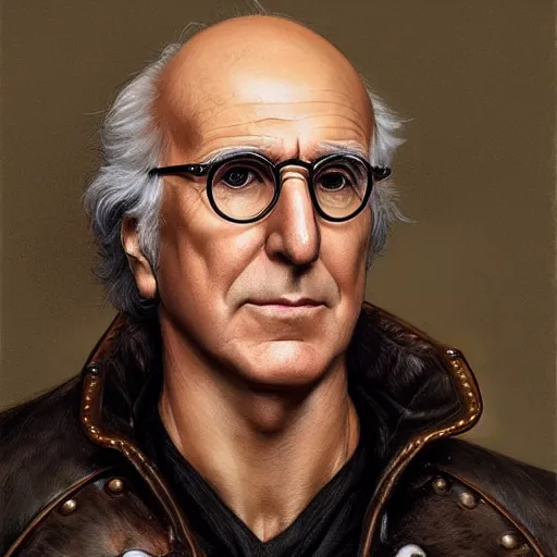 Image similar to portrait of larry david, soft hair, muscular, half body, leather, hairy, d & d, fantasy, intricate, elegant, highly detailed, digital painting, artstation, concept art, smooth, sharp focus, illustration, art by artgerm and greg rutkowski and alphonse mucha