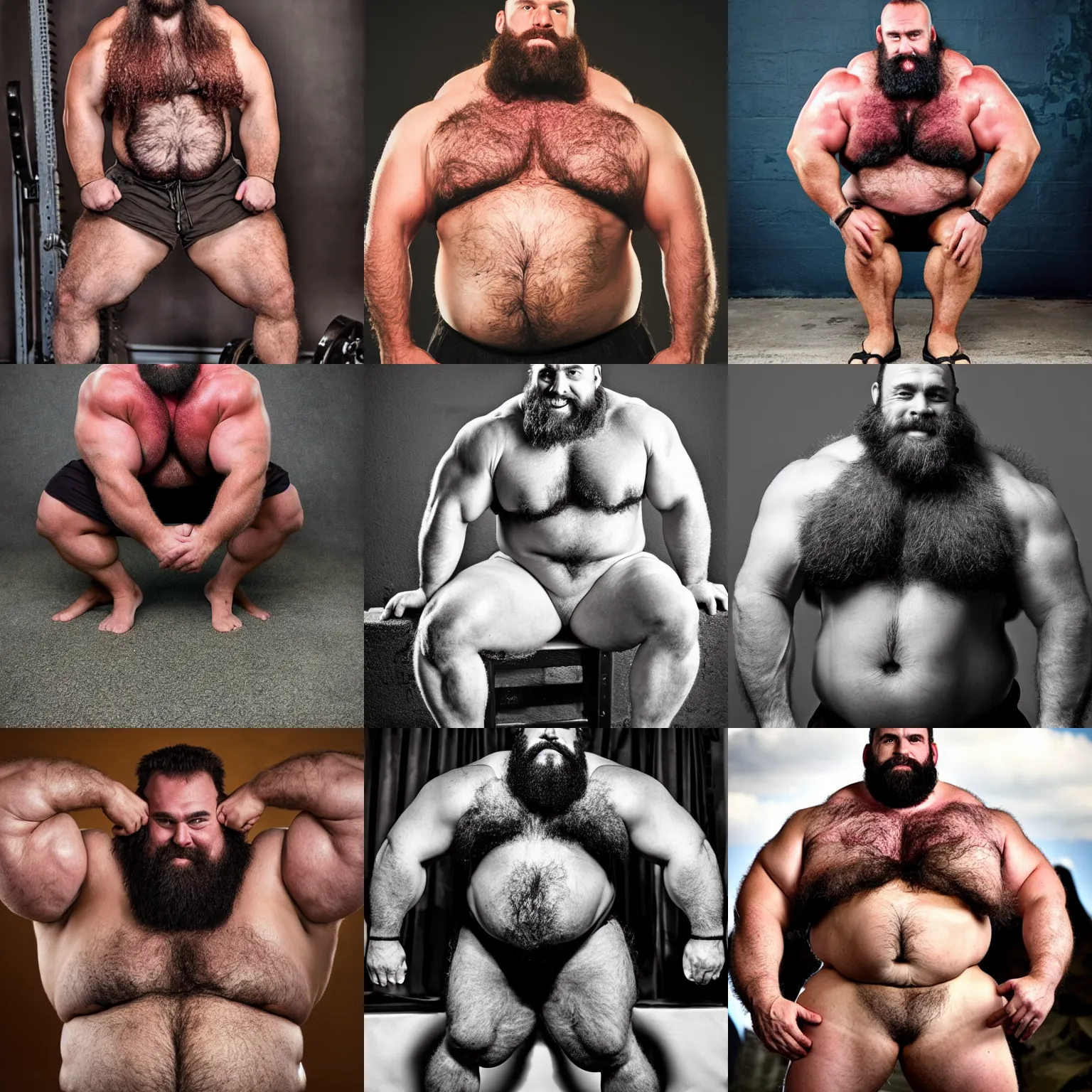 Prompt: big burly hairy thick strongman worshiping his own muscles and strong body, photography