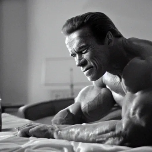 Prompt: arnold schwarzenegger falling asleep in a bungalow on the beach, cinematic shot