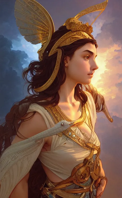 Image similar to portrait of the goddess athena, greek mythology, intricate, headshot, highly detailed, digital painting, artstation, concept art, sharp focus, cinematic lighting, illustration, art by artgerm and greg rutkowski, alphonse mucha, cgsociety