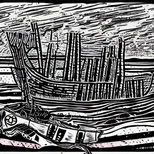 Prompt: an abandoned ship on the aral sea desert, in the style of daniel johnston and outsider art, 8 k, line brush, muted, overlaid with cyrillic words, baselitz, german expressionist woodcut