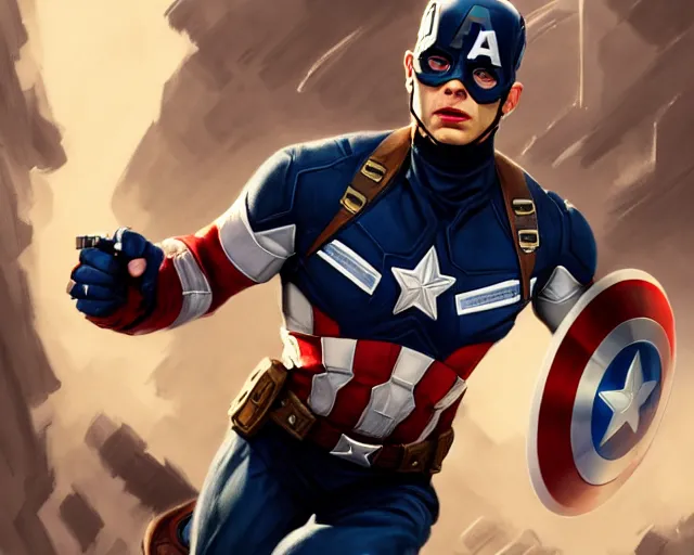 Image similar to photography of captain america action shot directed by steven spielberg, deep focus, d & d, fantasy, intricate, elegant, highly detailed, digital painting, artstation, concept art, matte, sharp focus, illustration, hearthstone, art by artgerm and greg rutkowski and alphonse mucha