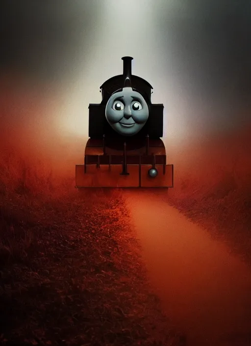 Image similar to thomas the tank engine in style of zdzisław beksinski, extremely dramatic lighting, 8 k, tendrils, black, darkness, black slime tendrils, infected, rust, body horror, thomas the train, thomas the tank engine face, horror,