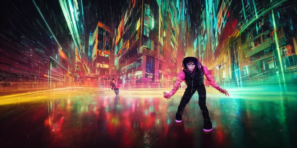 Image similar to cinematic wide angle, slow motion of futuristic break dancer wearing neon lights, trail effect, long exposure shot , at night in the middle of a rainy street, asian city, paddle of water, water splashes, rim lights, glossy reflections, water droplets on lens, octane render, detailed and soft, by jimbo phillips santa cruz, 10mm fisheye