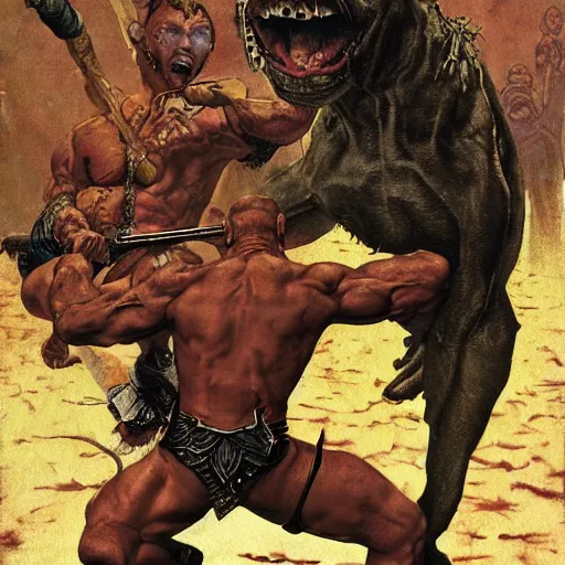 Prompt: grinning pit bull barbarian, fantasy warrior, drooling, ultra detailed, 4 k, style of norman rockwell, style of richard corben.