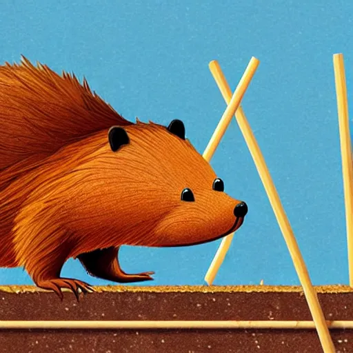 Image similar to photography hyperrealism concept art of anthropomorphic beavers as construction builders that building city from sticks