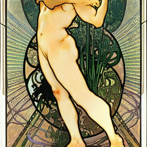 Image similar to narcissus and echo, painted by alphonse mucha