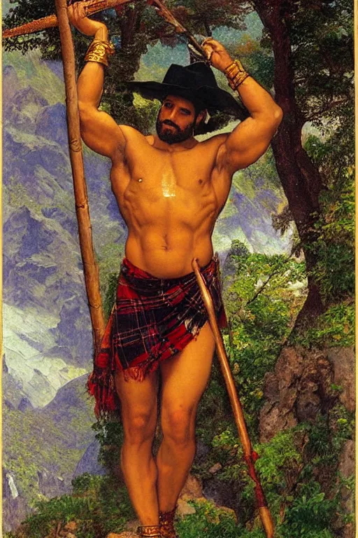 Prompt: a homoerotic tarot card of a dark skinned muscular shirtless desi mountaineer on a mountain peak holding a wooden staff. he is wearing a tartan kilt, cowboy hat, and boots. he has a gold aura. art deco, art nouveau. by raja ravi varma, by louis comfort tiffany, by albert bierstadt. trending on artstation.