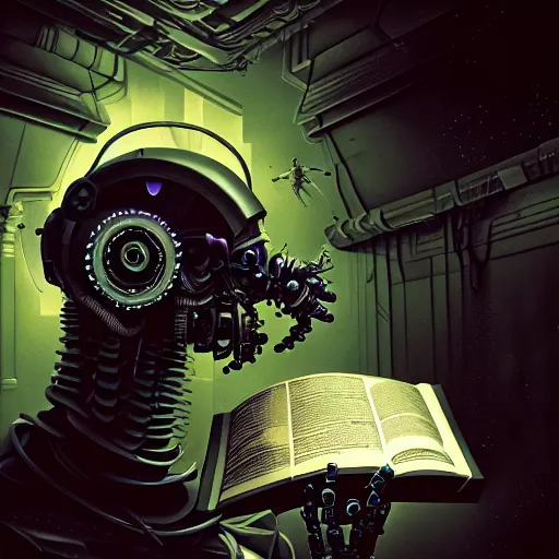 Image similar to dark scifi illustration 3 / 4 portrait of a robot reading necronomicon. cinematic lighting mad scientist style. golden ratio accidental renaissance. in the style of dave mckean. graffiti art, scifi, fantasy, hyper detailed. octane render. concept art. trending on artstation