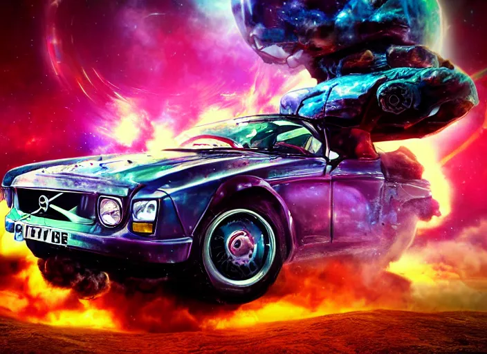 Prompt: volvo time machine flying through space and time, digital art, illustration, 3 d, colourful, amazing, cinema, michael bay style