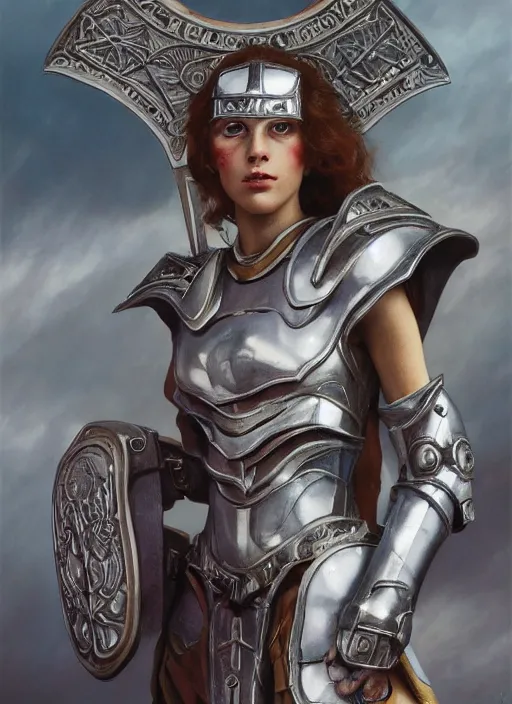 Image similar to symmetry!! portrait of a beautiful biblical diabolical agile girl with a shield, in reflective porcelain cyborg armor, in clouds, cinematic studio light, windy, sunrise, by gerald brom, by mikhail vrubel, by peter elson, muted colors, extreme detail! trending on artstation, 8 k