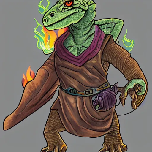 Prompt: HD Dungeons and Dragons character portrait of a Lizard Warlock, with fire in his eyes and evil in his heart