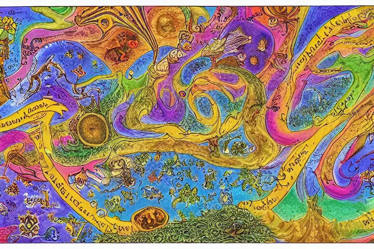 Prompt: Map of a psychedelic realm in the style of the voynich manuscript highly detailed, full color, as painted by lisa frank and bob ross