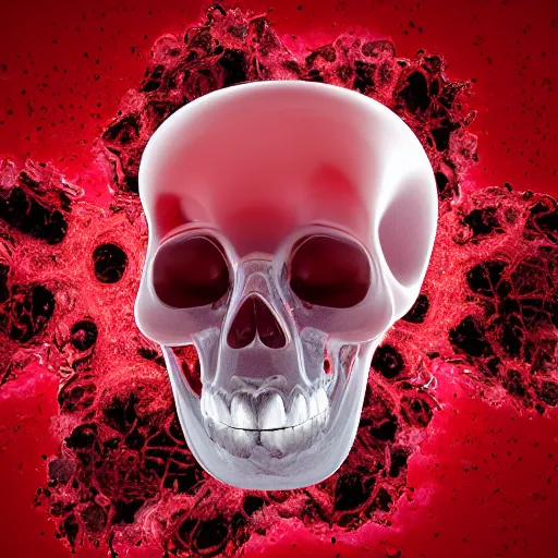 Image similar to twisted scene of a twisted transparent cube half filled with turbulent red liquid inside in a transparent skull