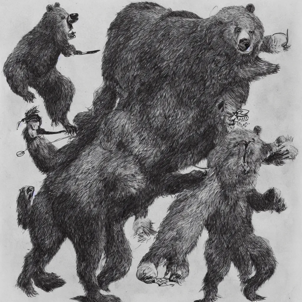 Image similar to style of the salvador dali, a werebear robbing a bank