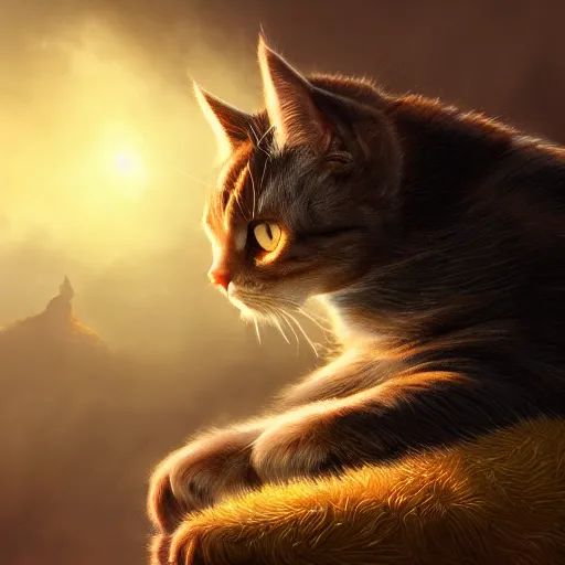 Image similar to magic cat, golden hour, fantasy, sharp focus, digital art, hyper realistic, 4 k, unreal engine, highly detailed, hd, dramatic lighting by brom, trending on artstation