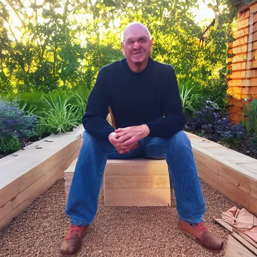 Image similar to My dad is smoking weed and have good time being gracefully relaxed in the garden, sunset lighting