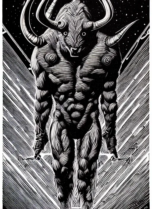 Image similar to minotaur in labyrinth, extremely detailed, bold line art, by vincent di fate and joe fenton and artgerm, mythology, inking, etching, screen print, inkblots of color, masterpiece, trending on artstation, sharp, high contrast, hyper realistic, hd, 4 k, 8 k