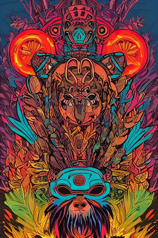 Image similar to animal mask totem roots flower tribal feather gemstone plant wood rock shaman vodoo video game vector cutout illustration vivid multicolor borderlands comics by josan gonzales and dan mumford radiating a glowing aura