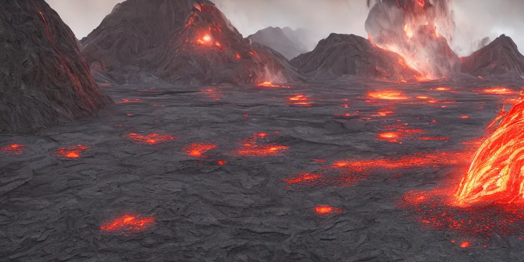 Prompt: Volcanic Landscape Highly detailed, photorealism, HD quality, 8k resolution, cinema 4d, unreal engine 5, beautiful, cinematic