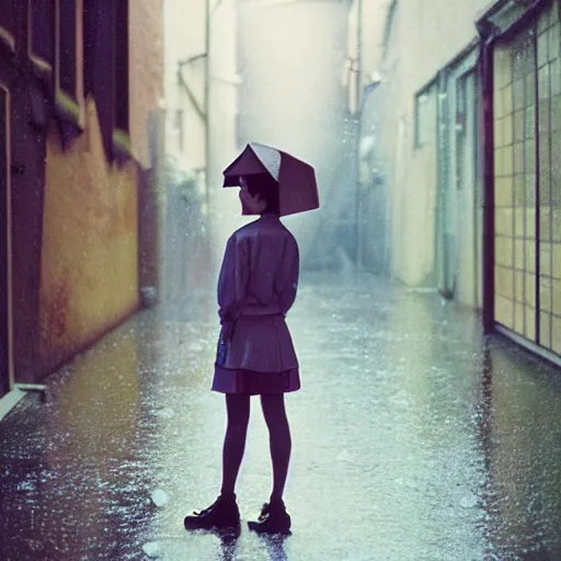 Image similar to 1990s perfect 8K HD professional cinematic photo of close-up japanese schoolgirl posing in sci-fi dystopian alleyway at morning during rain, at instagram, Behance, Adobe Lightroom, with instagram filters, depth of field, taken with polaroid kodak portra