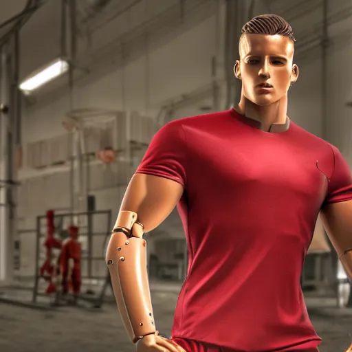 Image similar to a realistic detailed photo of a guy who is an attractive humanoid who is half robot and half humanoid, who is a male android, attractive and handsome soccer players, shiny skin, posing like a statue, blank stare, in a factory, on display, showing off his muscles, wearing soccer shorts, side view, looking at each other mindlessly