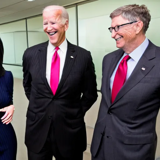 Image similar to stock photo of kim kardashian, joe biden, and bill gates wearing suits and ties laughing in an office building, 8k resolution, full HD, cinematic lighting, award winning, anatomically correct