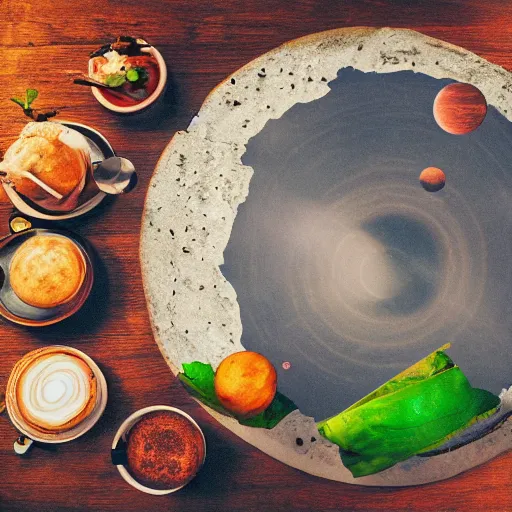 Image similar to the planetary system made our of food on a cafe table, photography, 4 k photo