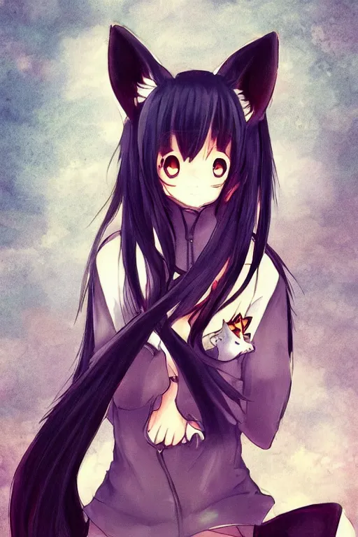 Image similar to an anime girl with fox ears and tail, trending on pixiv, by kawacy