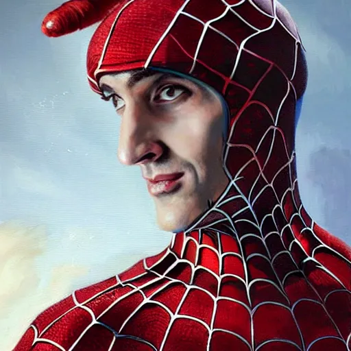 Image similar to spiderman wears a doublet whilst wearing a red velvet Cape , alexanre benois edward julius detmold jehan choo jeff simpson raphael lacoste guillem h. pongiluppi grisaille