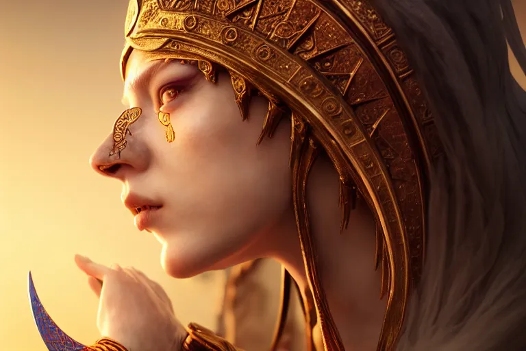 Image similar to a priestess praying to the god of war, occlusion shadow, specular reflection, rim light, unreal engine, octane render, artgerm, artstation, art by yao wang, high quality, intricate detailed 8 k, fantasy illustration, extremely beautiful and aesthetic shape of face and body