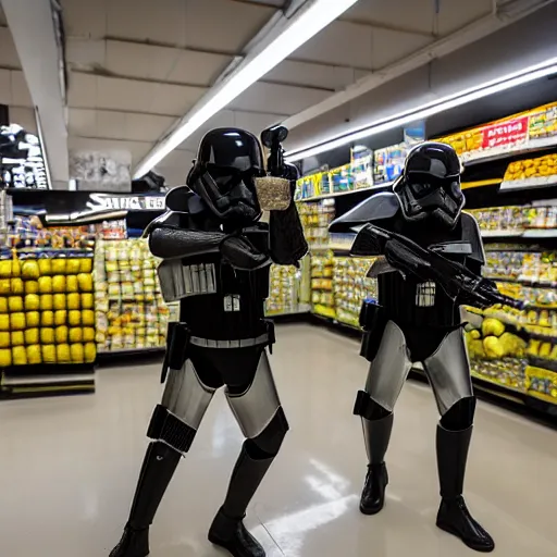 Image similar to Star wars troopers fighting with bananas in a supermarkets fish area, the star wars troopers try shooting and hitting other troopers with bananas, high perspective inside the store, 40nm lens, shallow depth of field, split lighting, 4k,