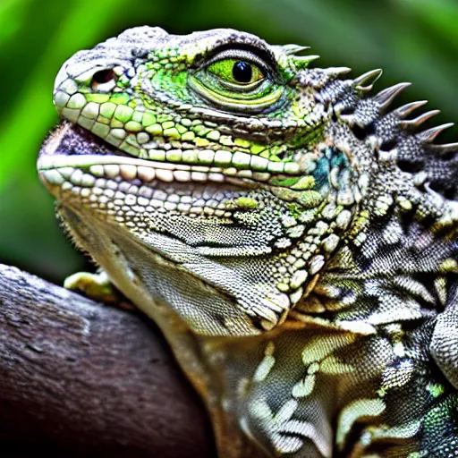 Prompt: close up of a fiji banded iguana hybrid