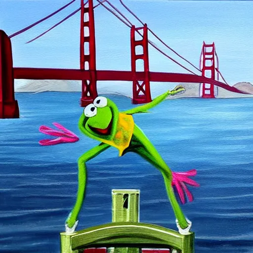 Image similar to “Painting of Kermit the Frog doing a cannonball off of the Golden Gate Bridge, by Bob Ross”