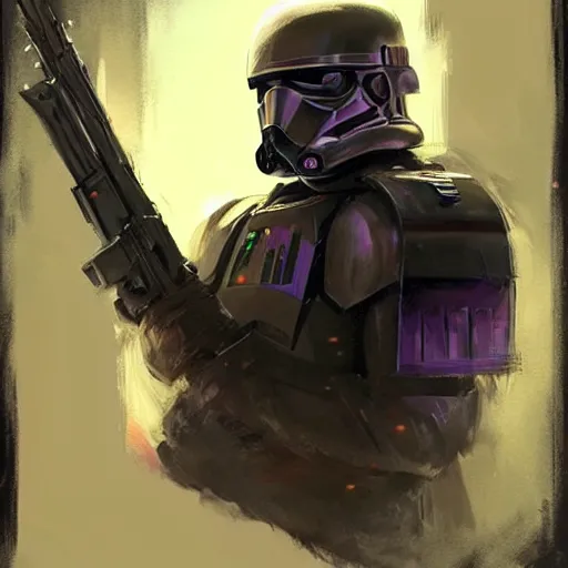 Prompt: concept art of a portrait by greg rutkowski, a soldier of the eternal empire wearing purple and black tactical gear, star wars expanded universe, smooth, sharp focus, artstation hq.