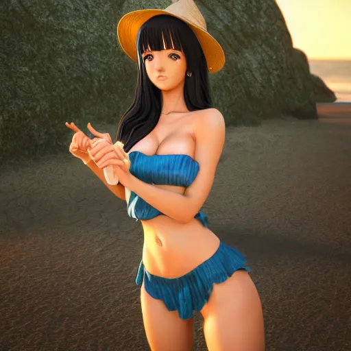 Image similar to Nico Robin, Render of a very beautiful 3d anime girl, long hair, hazel eyes, cute freckles, full round face, short smile, cute sundress, golden hour, serene beach setting, medium shot, mid-shot, highly detailed, trending on Artstation, Unreal Engine 4k